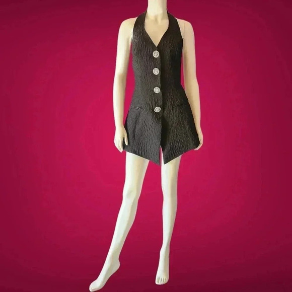 Vintage 80s Embossed Black Satin Halter Top / Mini Dress M - Picture 5 of 10